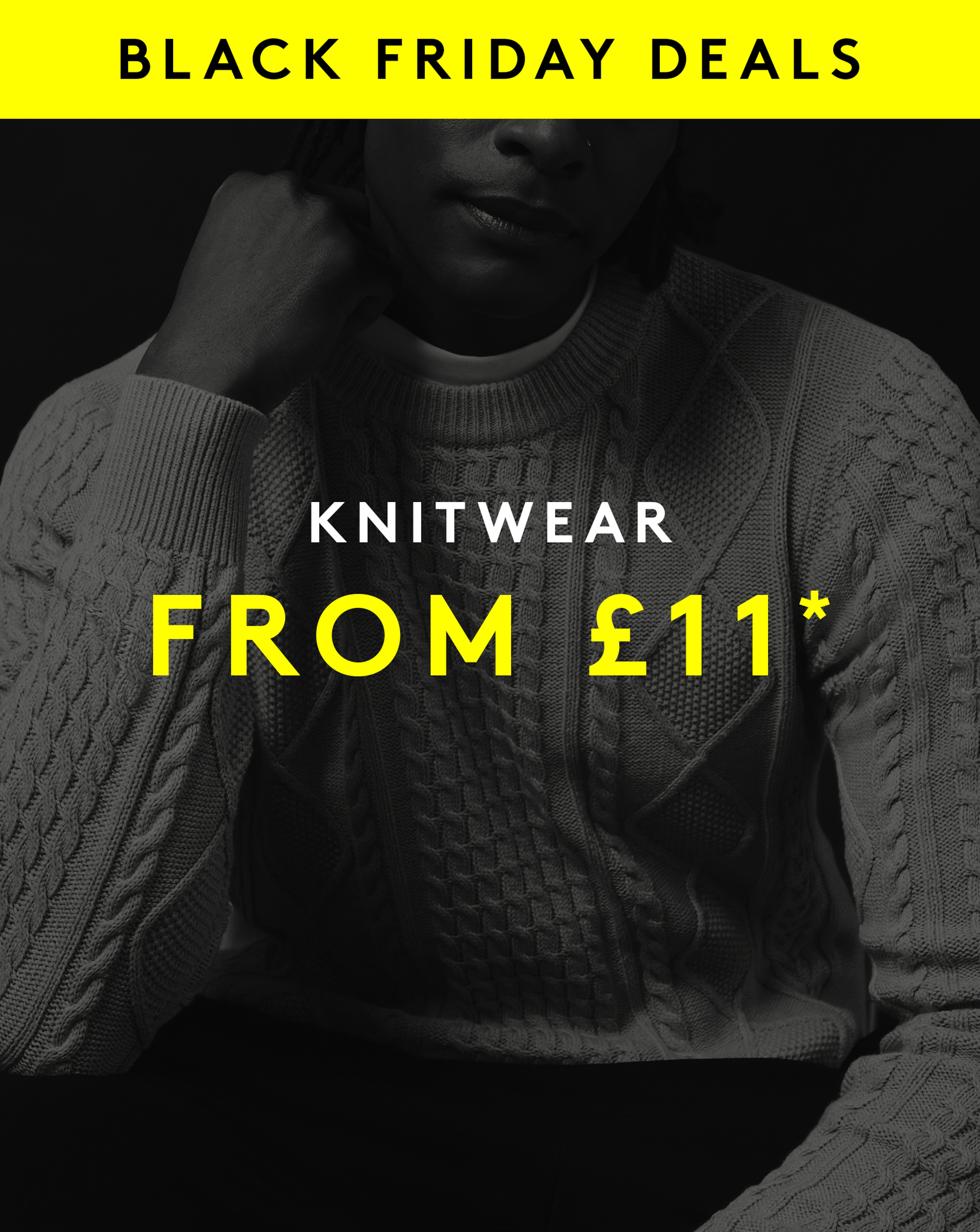Black Friday Deals. Knitwear from £11. Model wears Cable Crew Neck Jumper