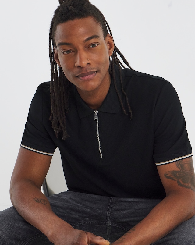 BOSS Short Sleeve Zip Neck Polo - Black