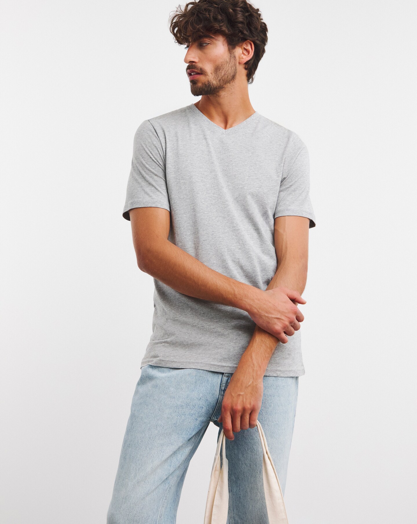 Pure Cotton V-Neck T-Shirt Long- Grey Marl