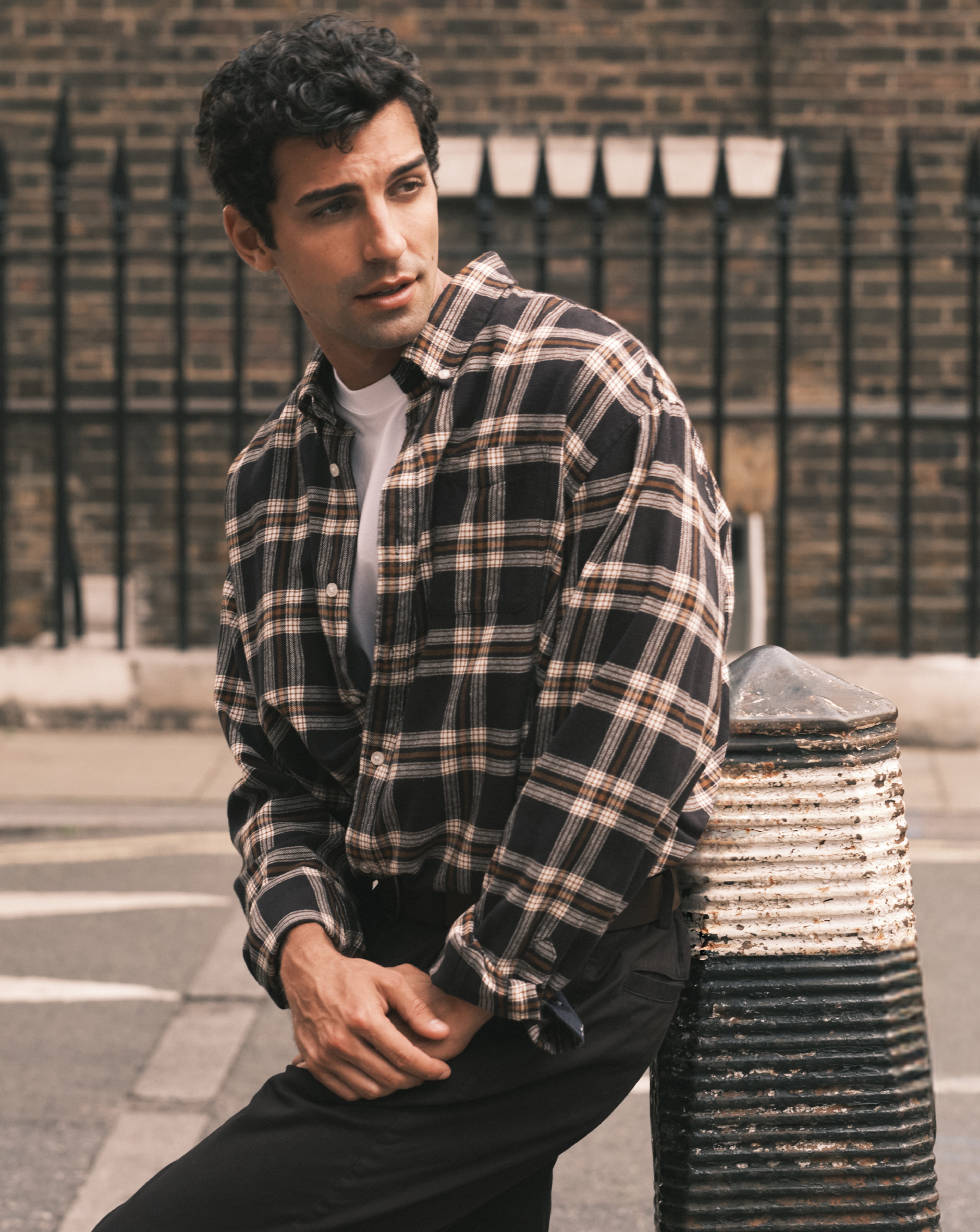 Model wears Jack & Jones Flannel Check Shirt - Black