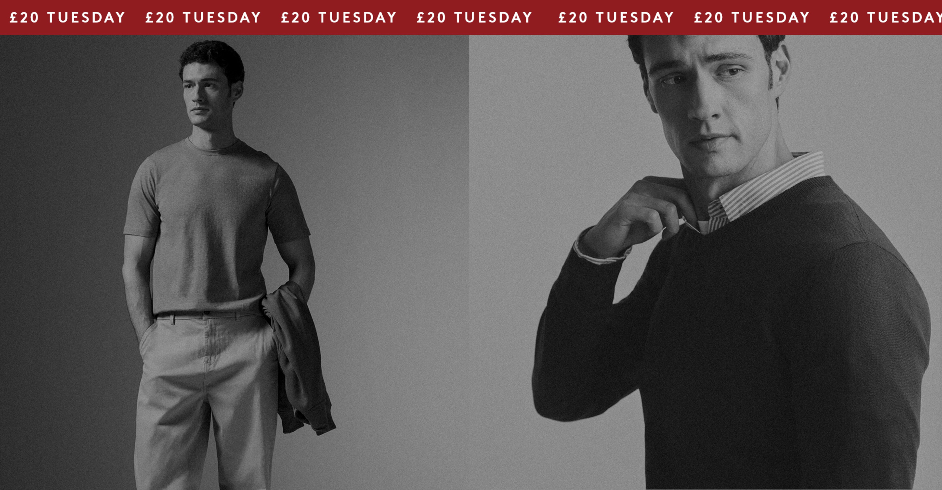 £20 Tuesday. Model wears Khaki T-shirt with Cream Cargos and Value Knitted V Neck Jumper Long