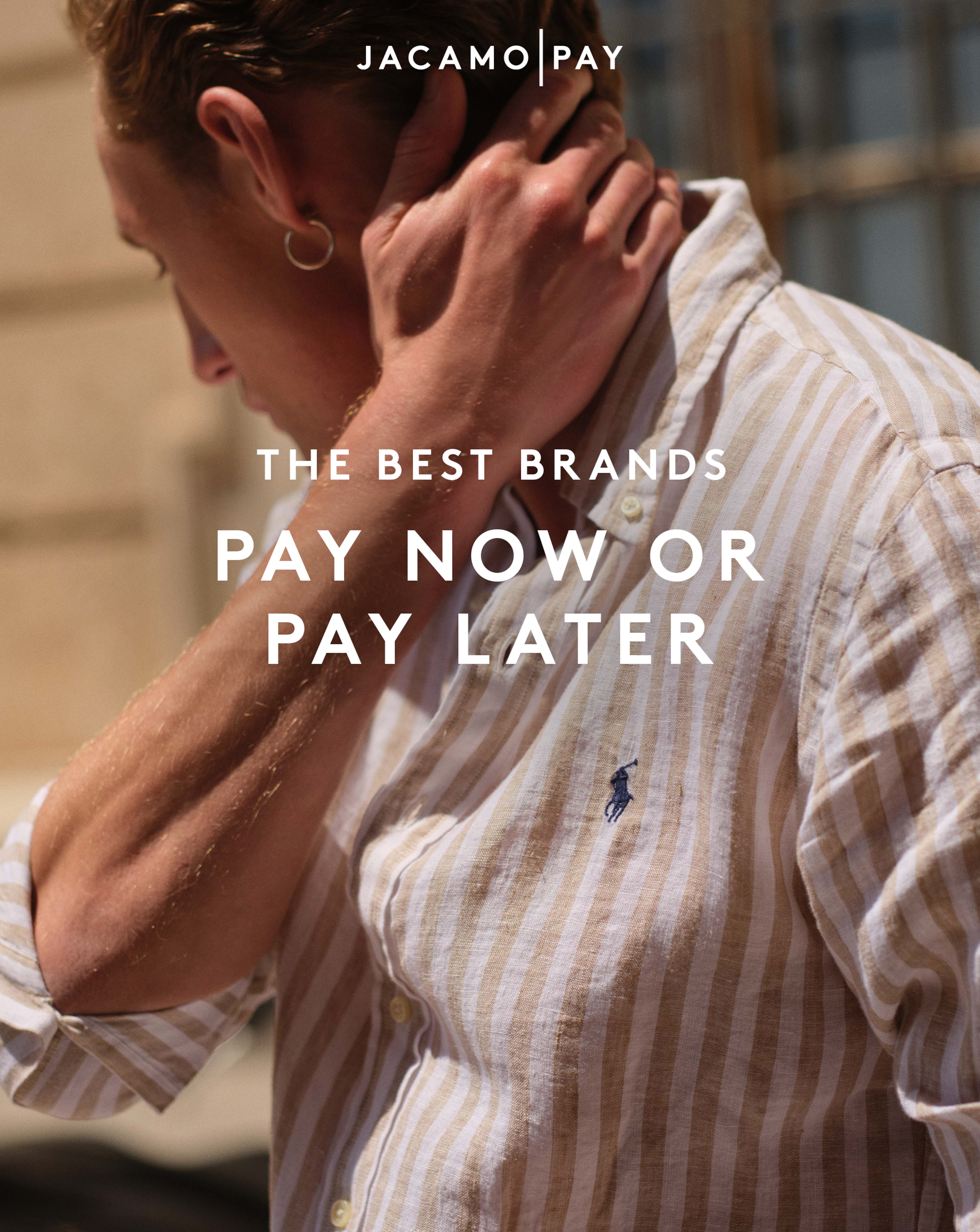 The Best Brands. Pay now or pay later. Jacamo Pay. Model wears Polo Ralph Lauren Long Sleeve Stripe Linen Shirt
