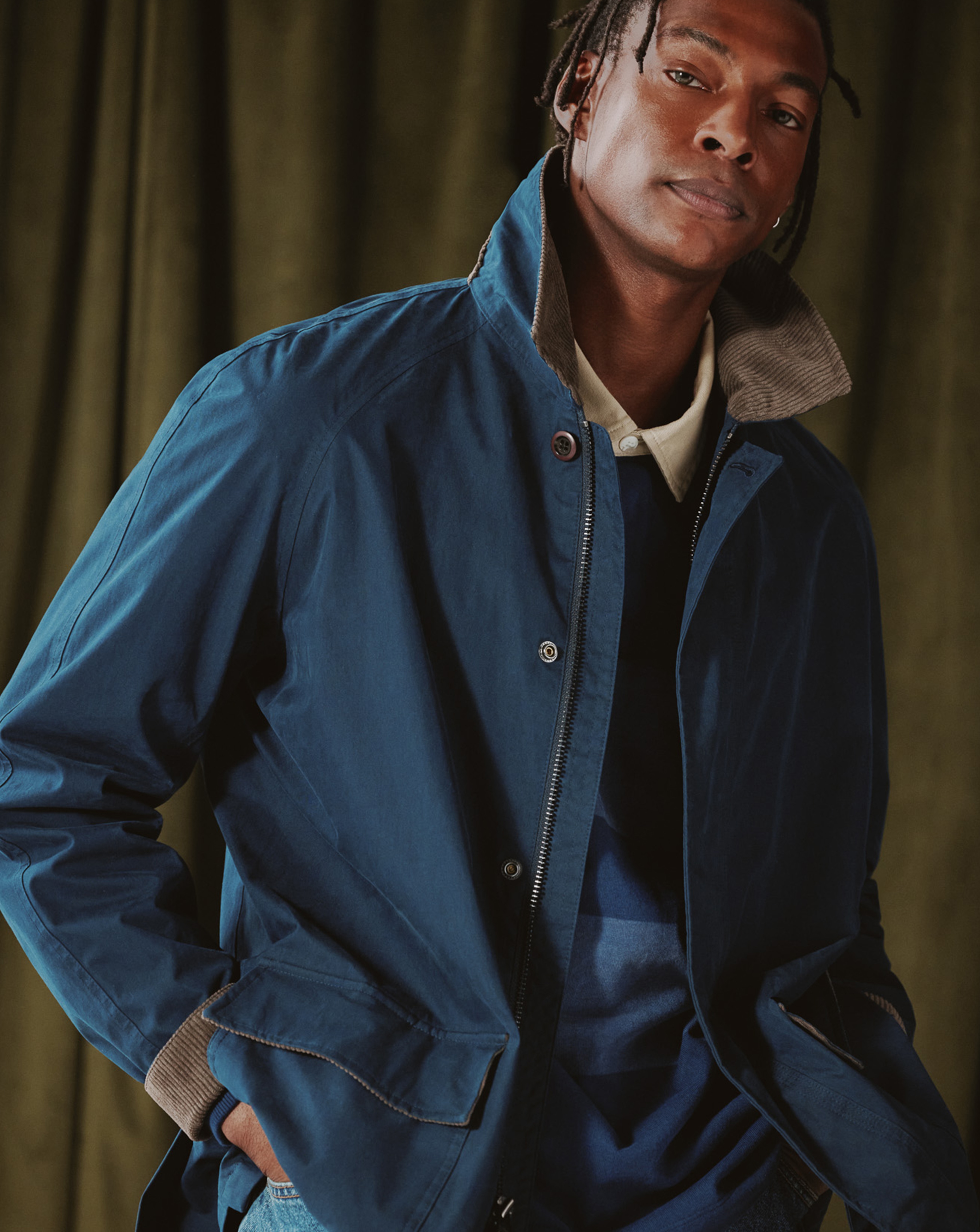 Model wears Timberland Waterproof Cotton Jacket - Navy