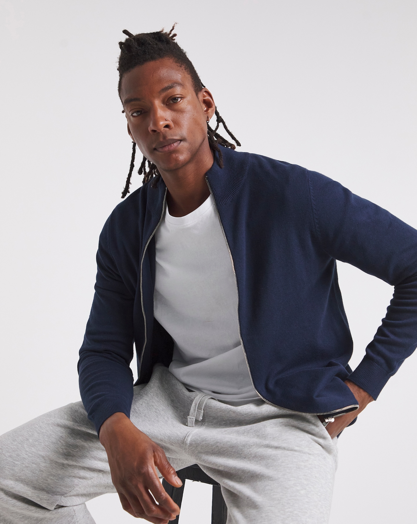 Navy Zip Through Funnel Neck Cardigan | Jacamo