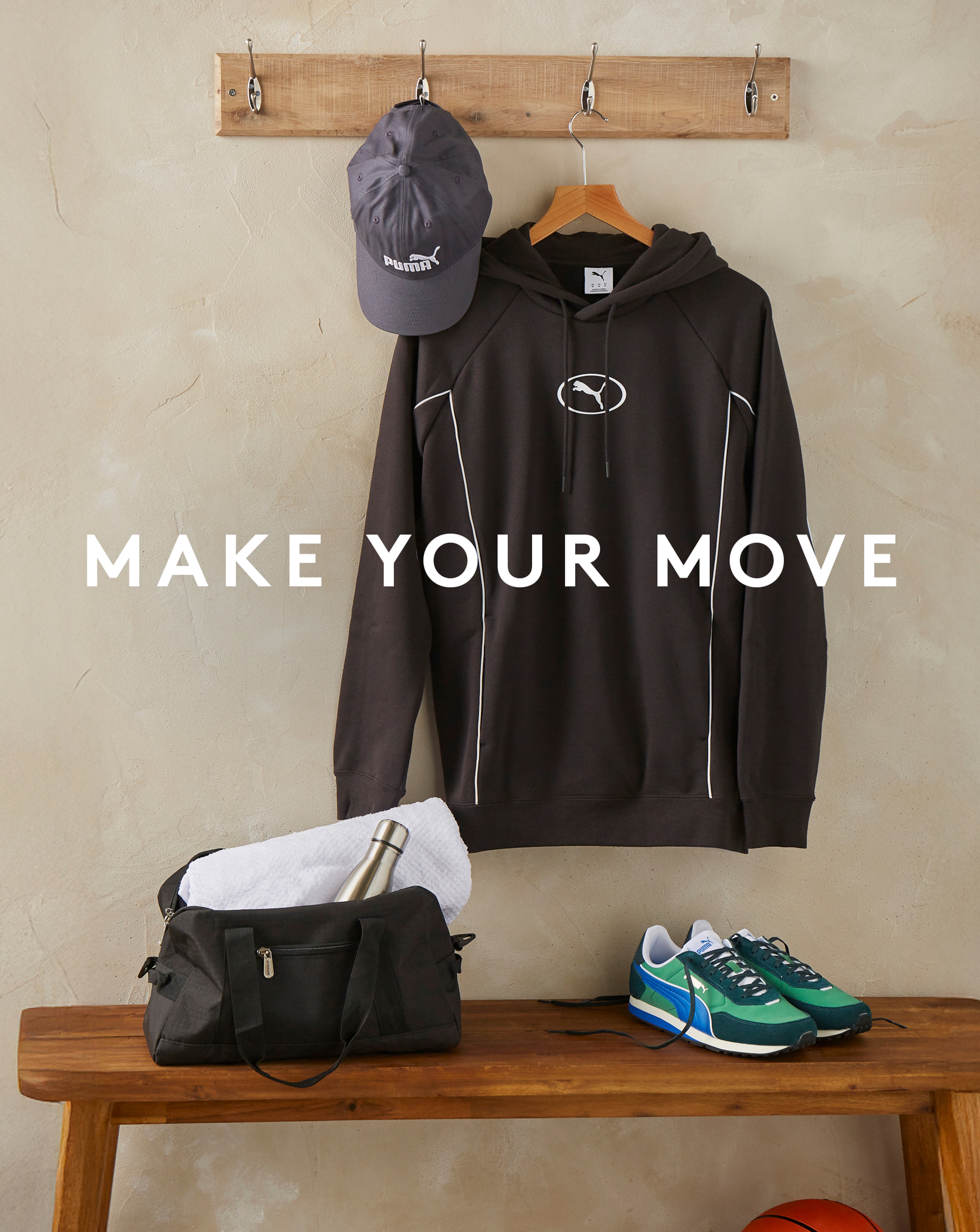 Make your move. PUMA Sport Fleece Hoodie, PUMA St Miler Rise Trainers and PUMA Essentials No.1 BB Cap pictured