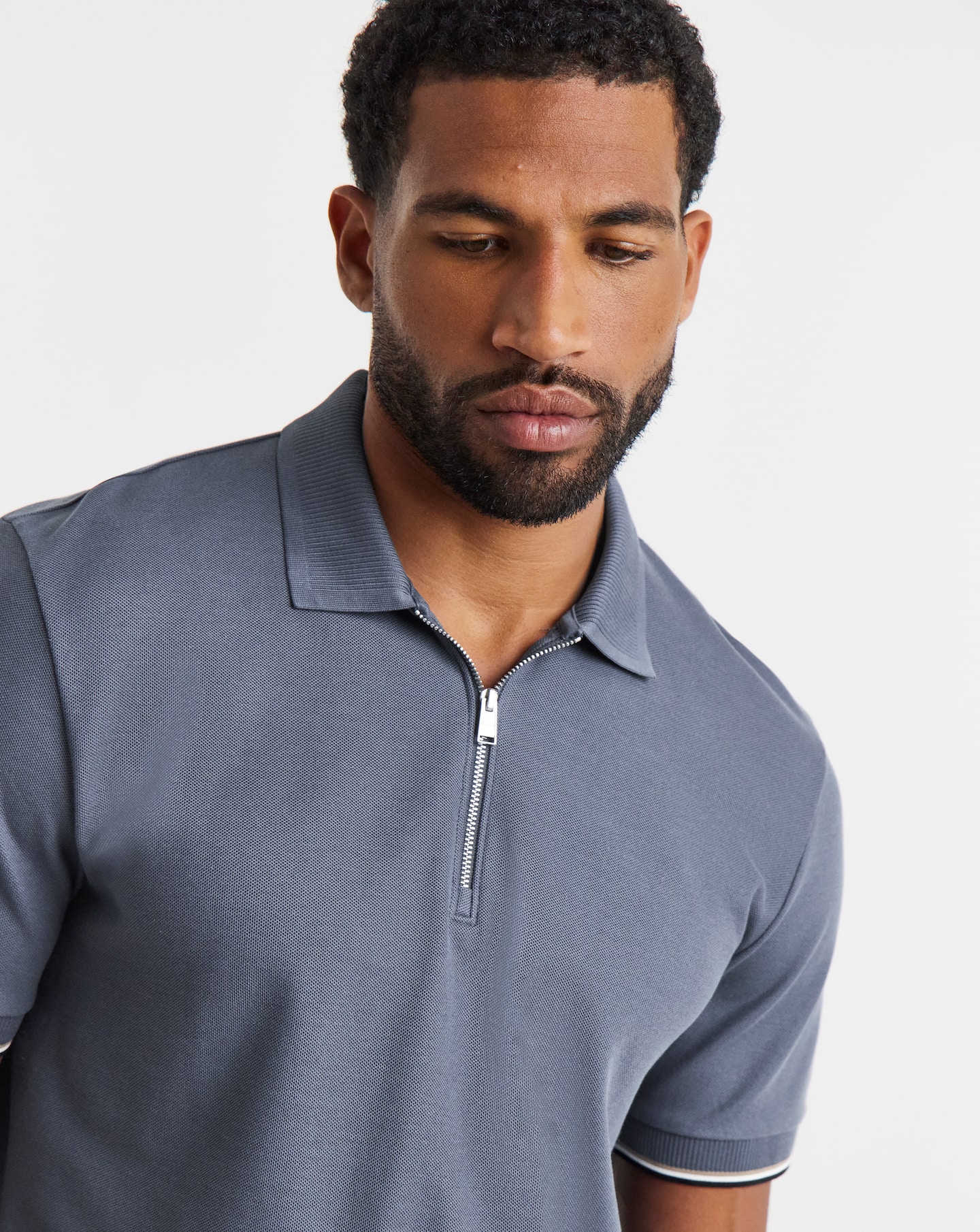 BOSS Short Sleeve Zip Neck Polo - Blue | Jacamo