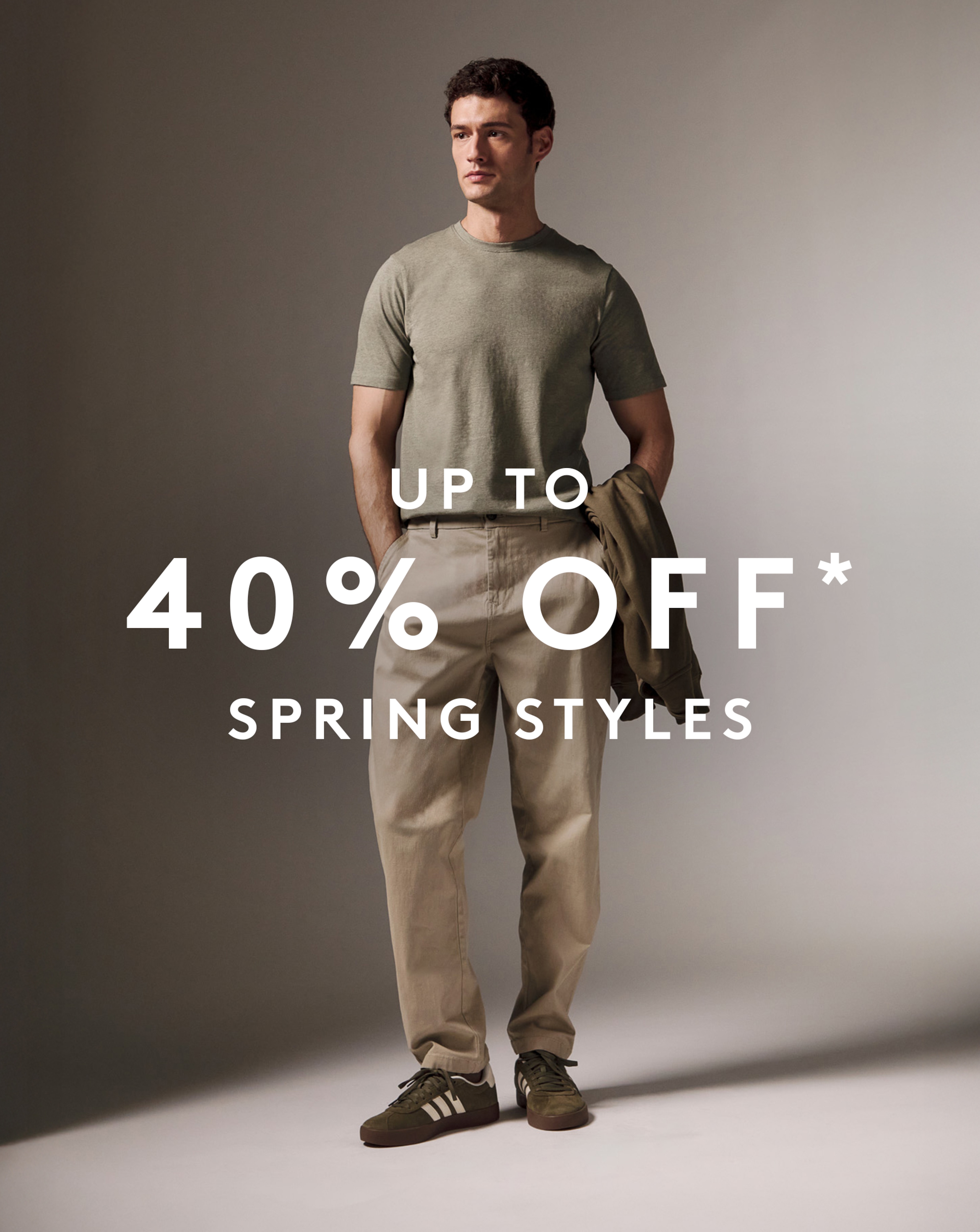 Up to 40% OFF* Spring Styles. Model wears khaki Crew Neck T-shirt with Straight Fit Chinos in stone.