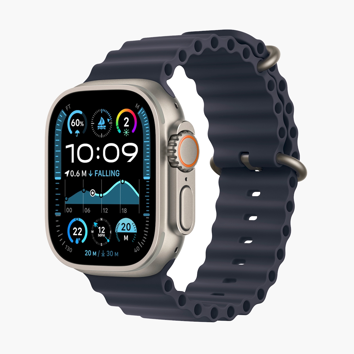 Apple Watch Ultra 2 GPS + Cellular 49mm Natural Titanium Case with Navy Ocean Band pictured.