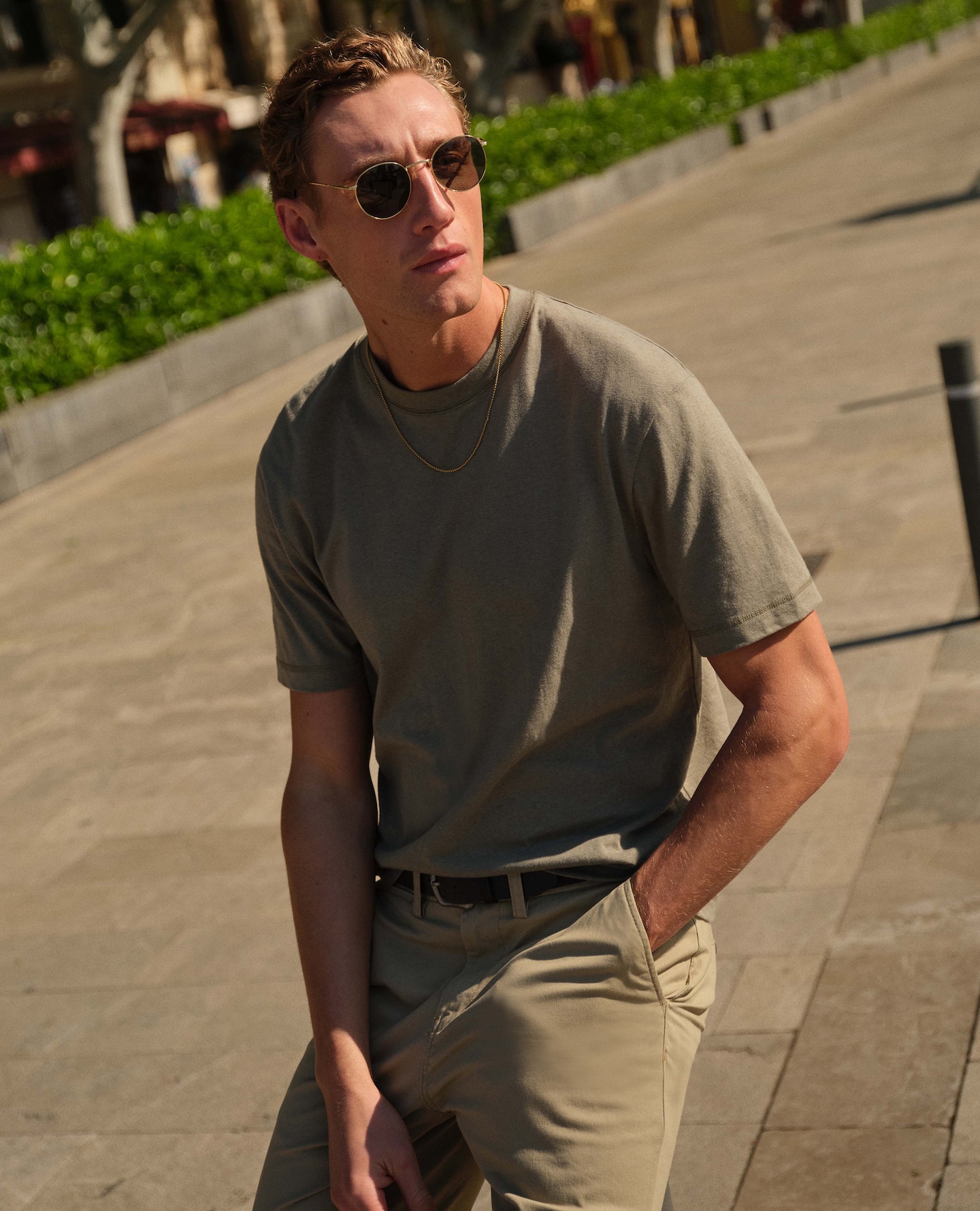 Model wears Khaki T-shirt in Green with Tailored Tapered Fit Trouser
