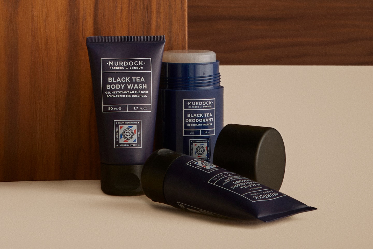 Murdock Black Tea Body Wash, Deodorant and Shampoo products pictured
