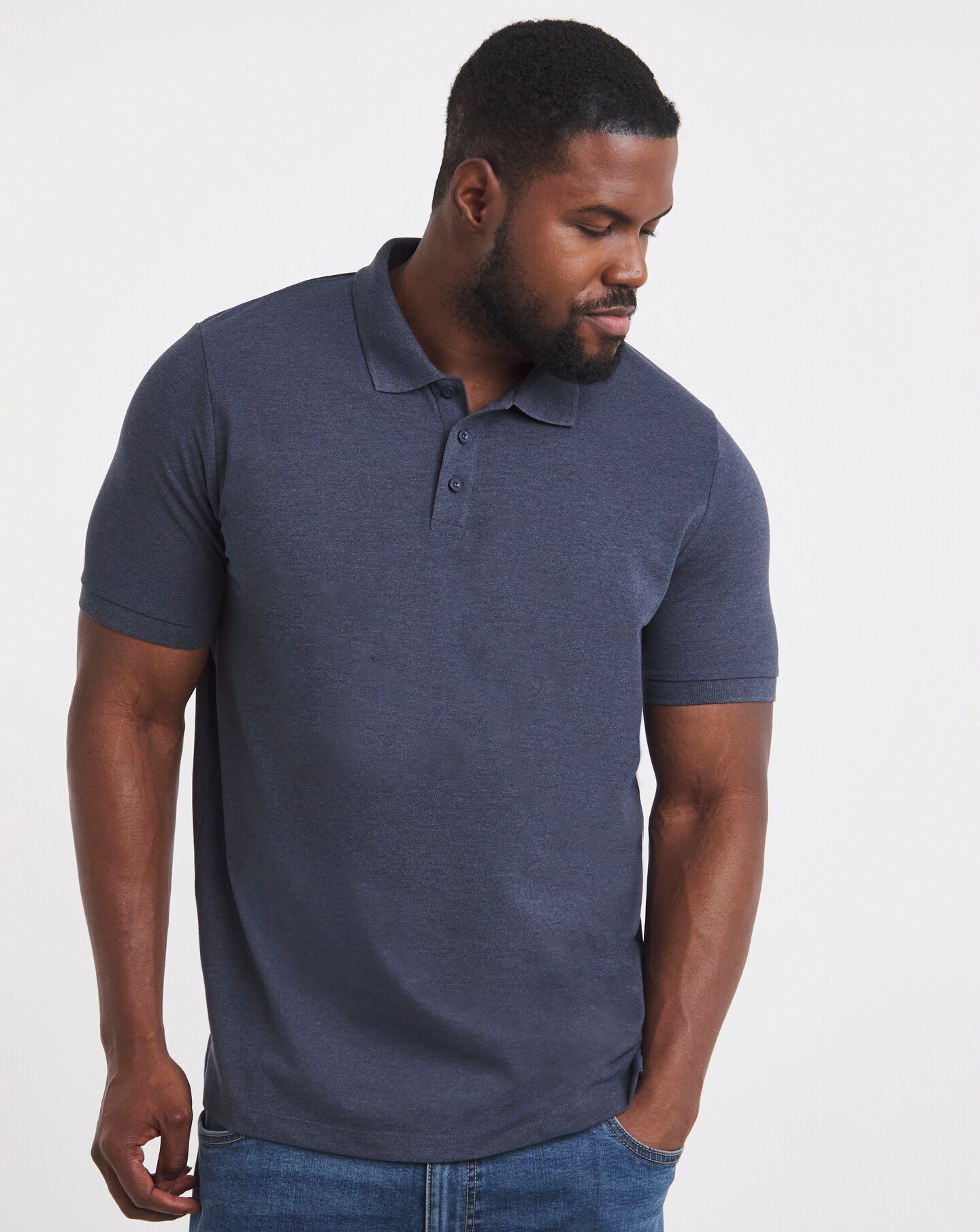 Pure Cotton Pique Polo Long Length- Denim Marl