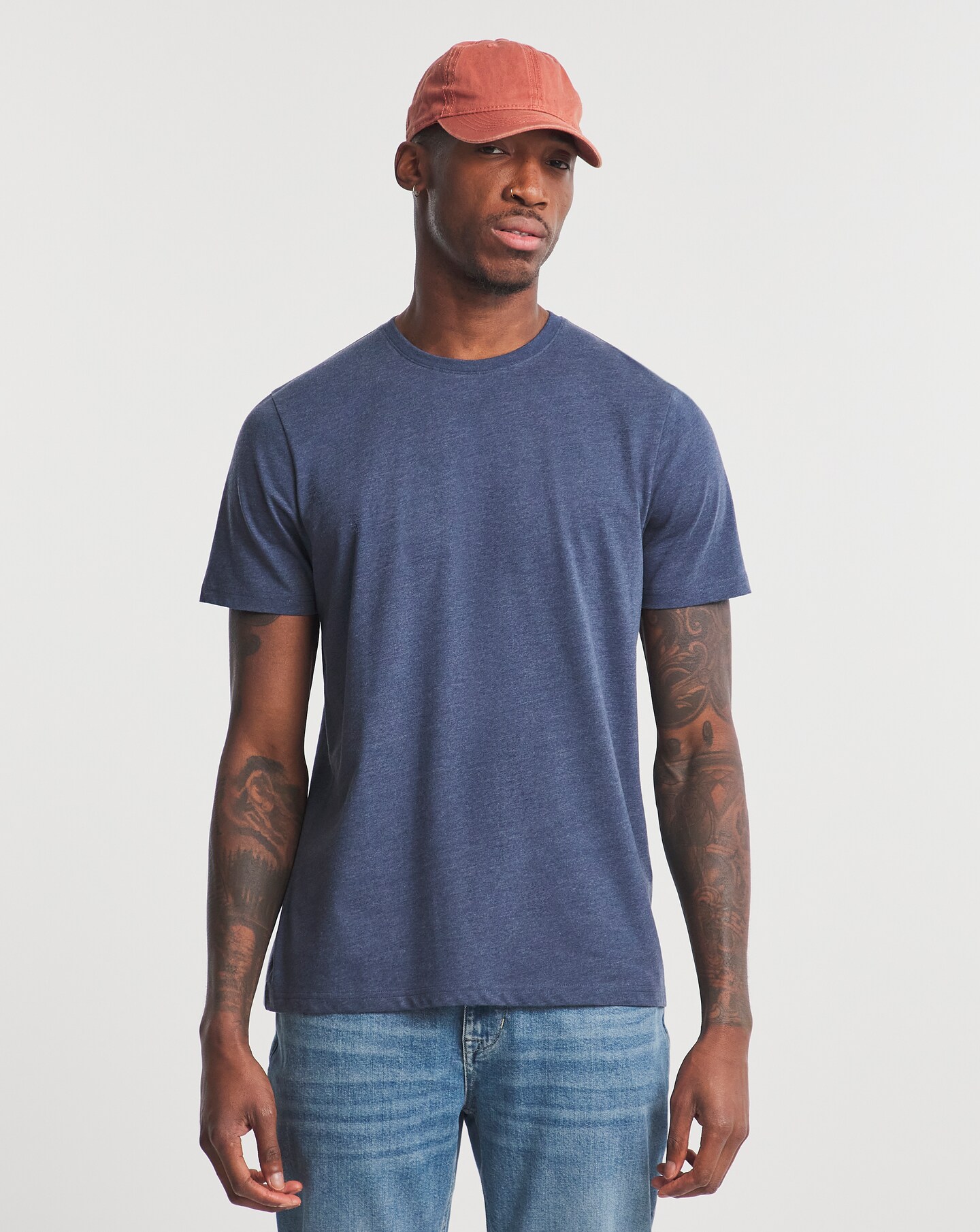 Pure Cotton Crew Neck T-Shirt Long Length- Denim Marl