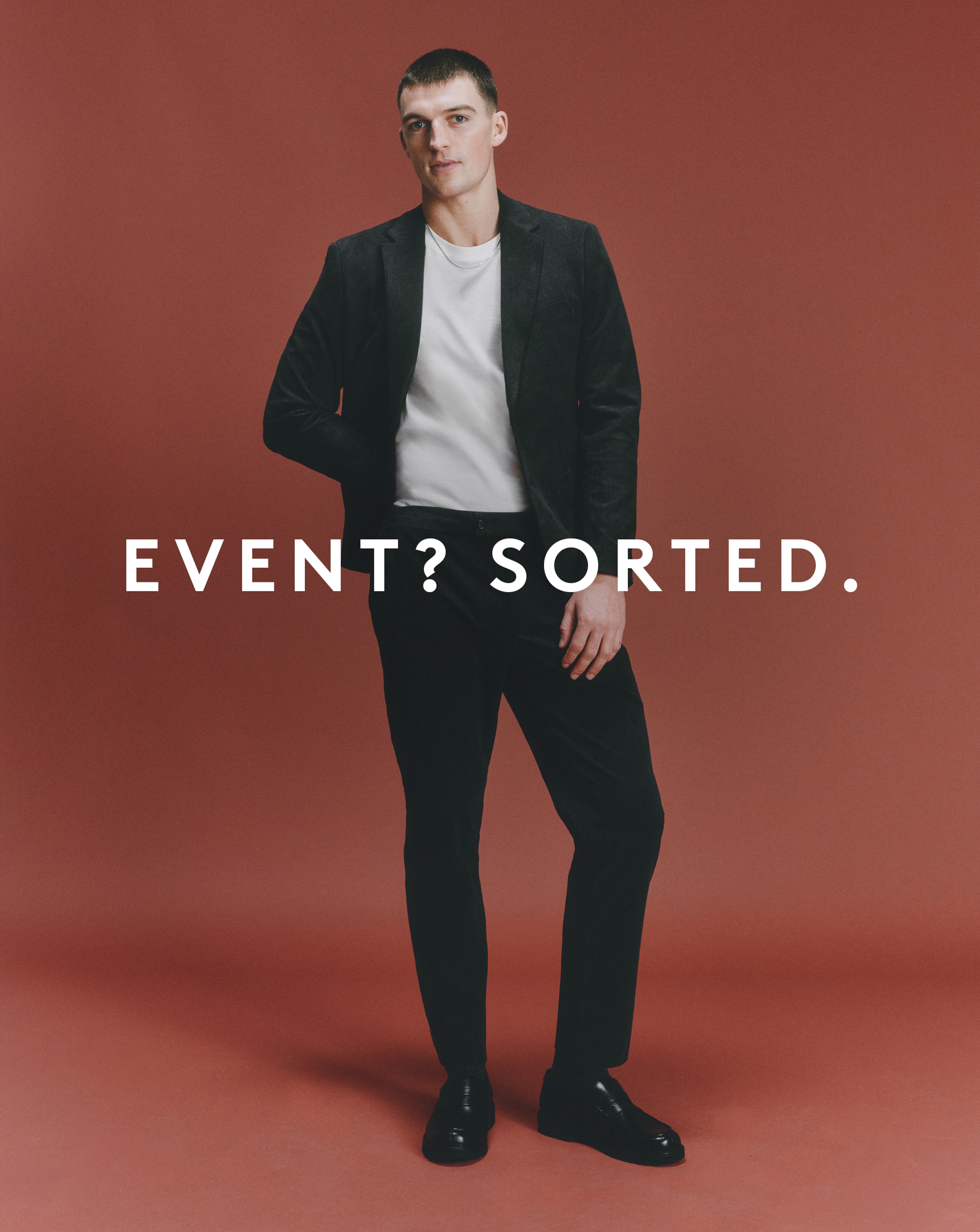 Event? Sorted. Model wears Black Suit Jacket and Trousers