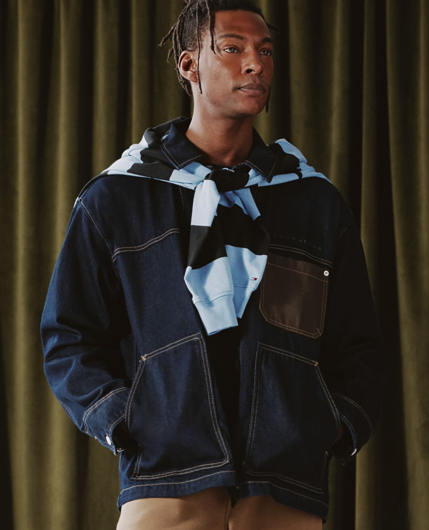 Model wears Tommy Jeans Chore Jacket - Dark Denim