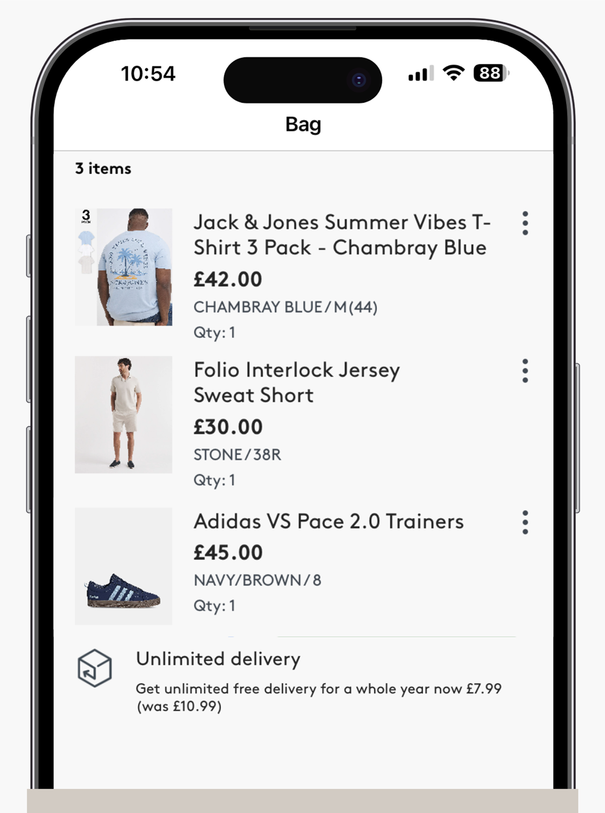 Image shows items placed in the 'Bag' on the Jacamo app.