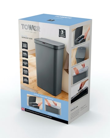 Tower 50L Rectangular Sensor Bin Grey