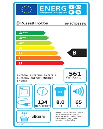 Russell Hobbs RH8CTD111W, 8kg, Condenser Tumble Dryer - White