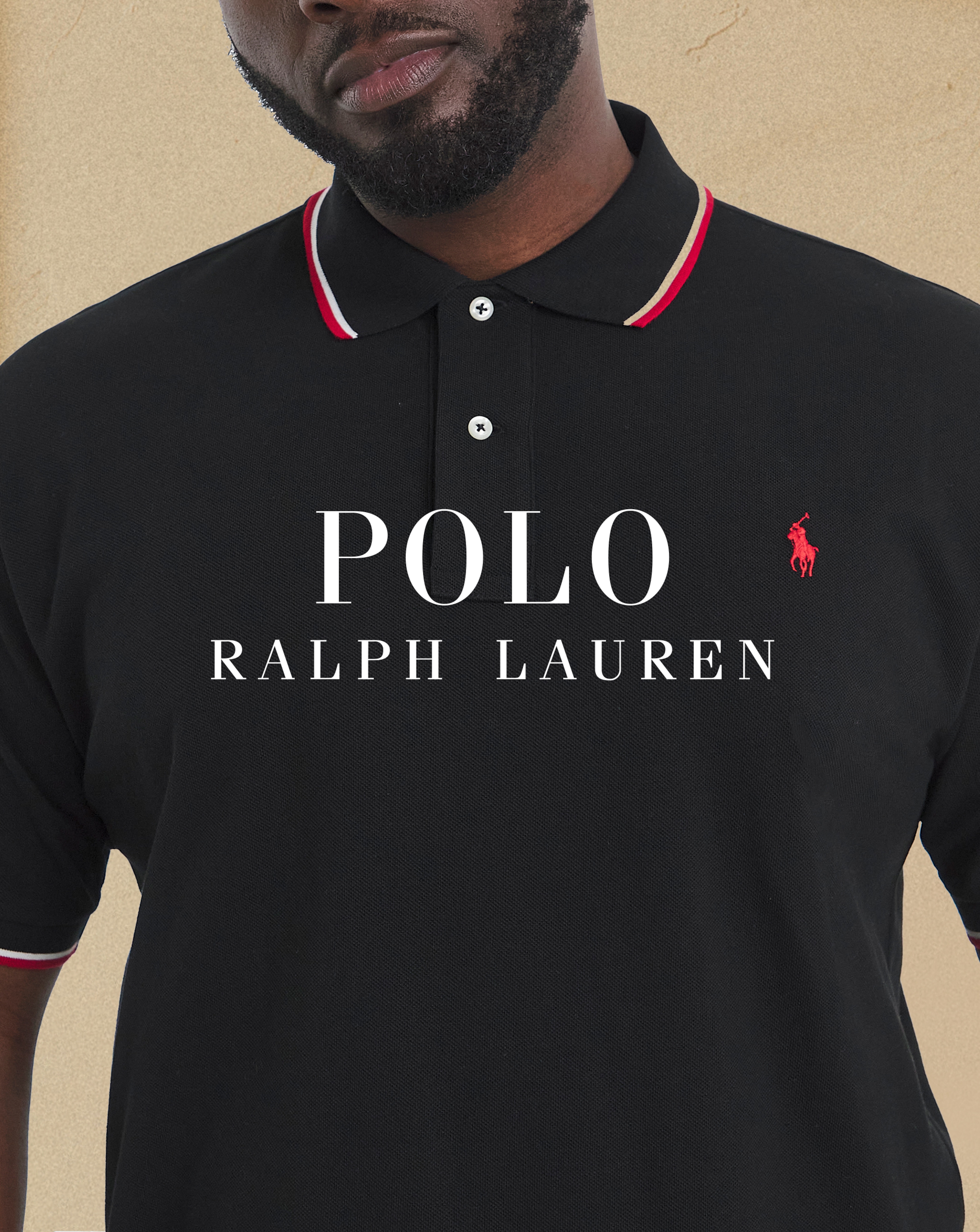 Polo Ralph Lauren. Model wears Polo Ralph Lauren Short Sleeve Tipped Polo -Black