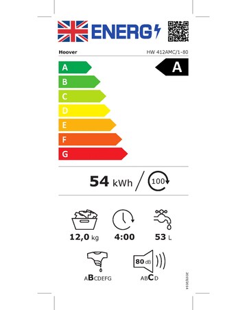 Hoover H-WASH 500 HW412AMC 12kg Washing Machine, 1400 spin, A rated, White