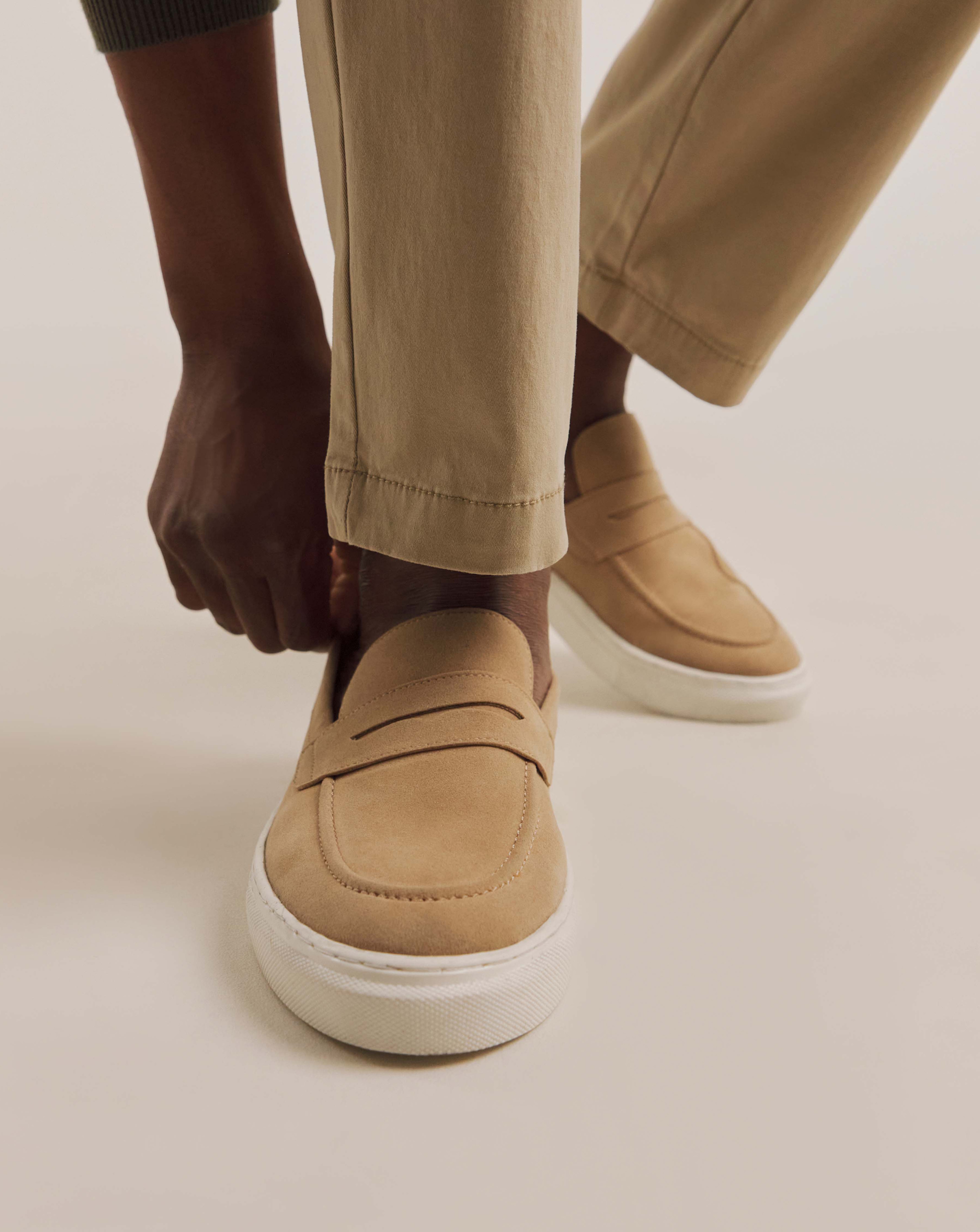 Model wears Suede Look Cupsole Loafer in Stone