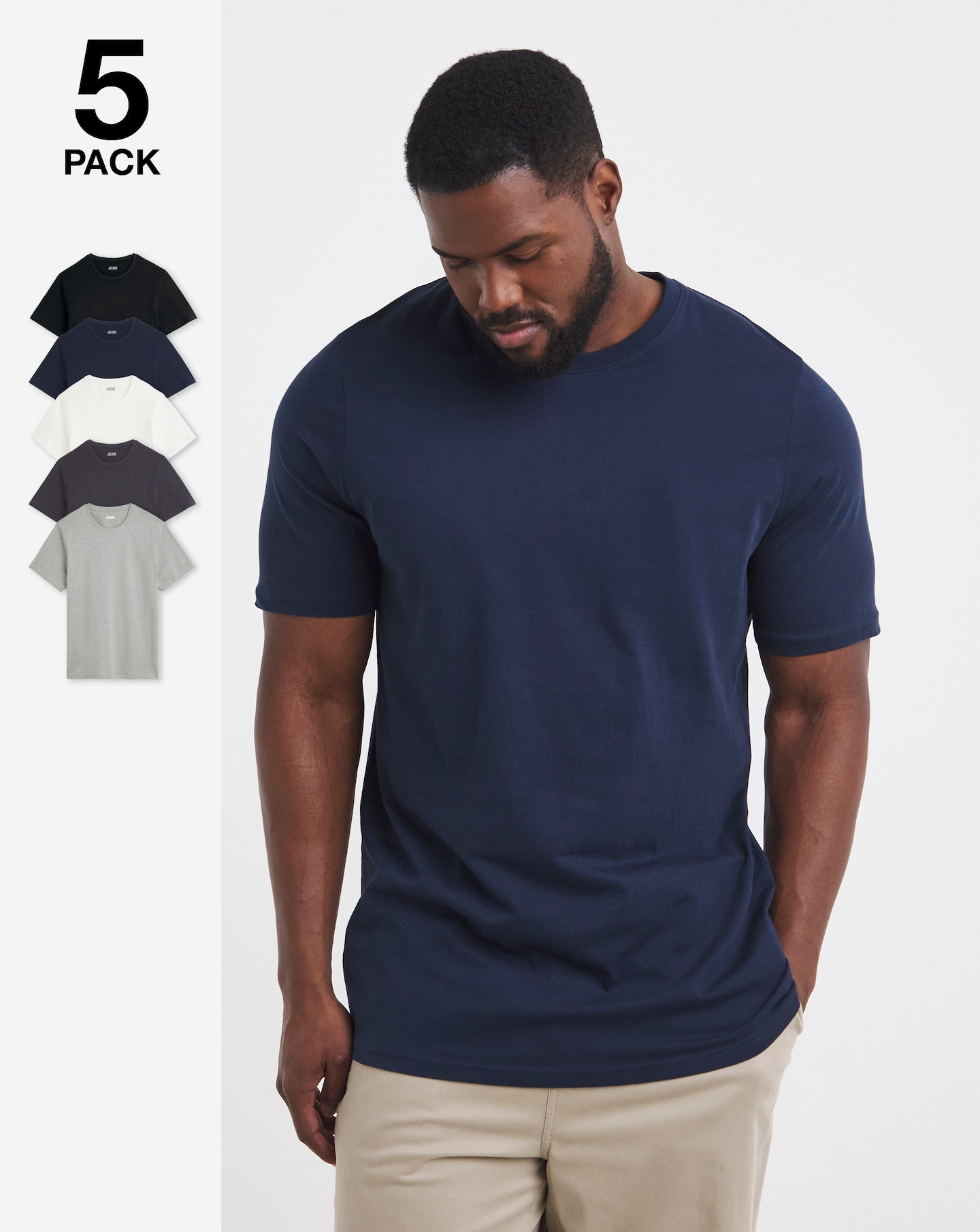 5 Pack Pure Cotton Crew T-Shirts Extra Long Length