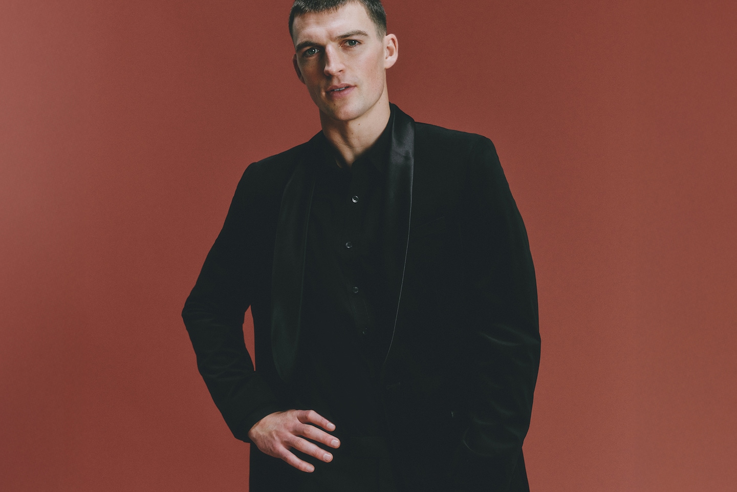 Model wears Velvet Satin Lapel Blazer Regular with smart black shirt