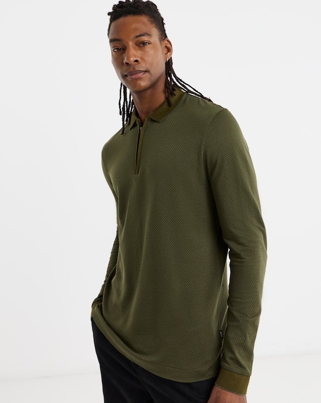 BOSS Long Sleeve Zip Polo - Dark Green
