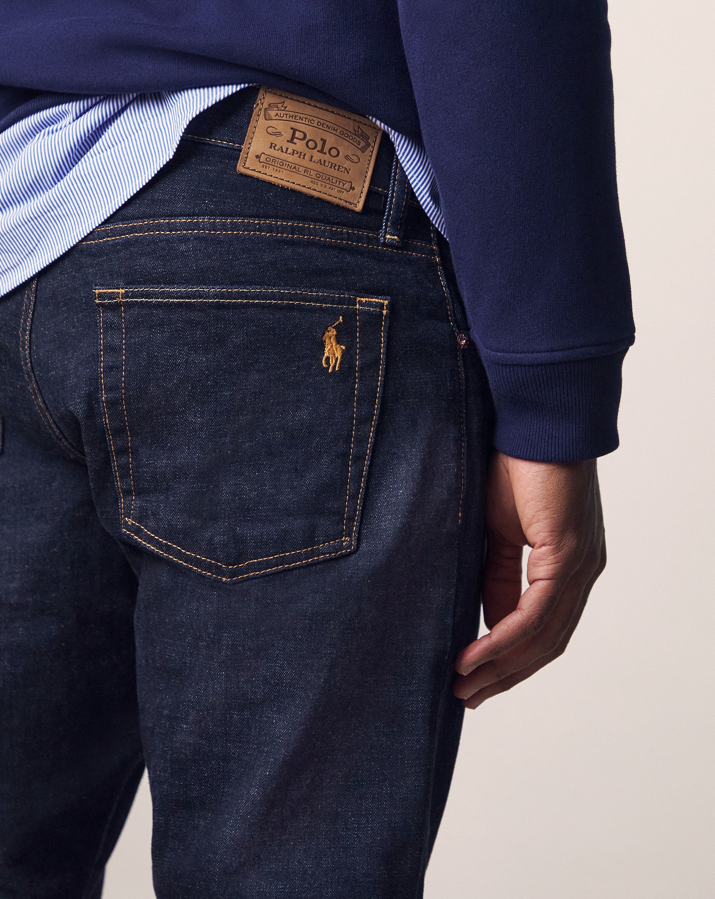 Model wears Polo Ralph Lauren Hampton 5 Pocket Straight Jean - Dark Wash