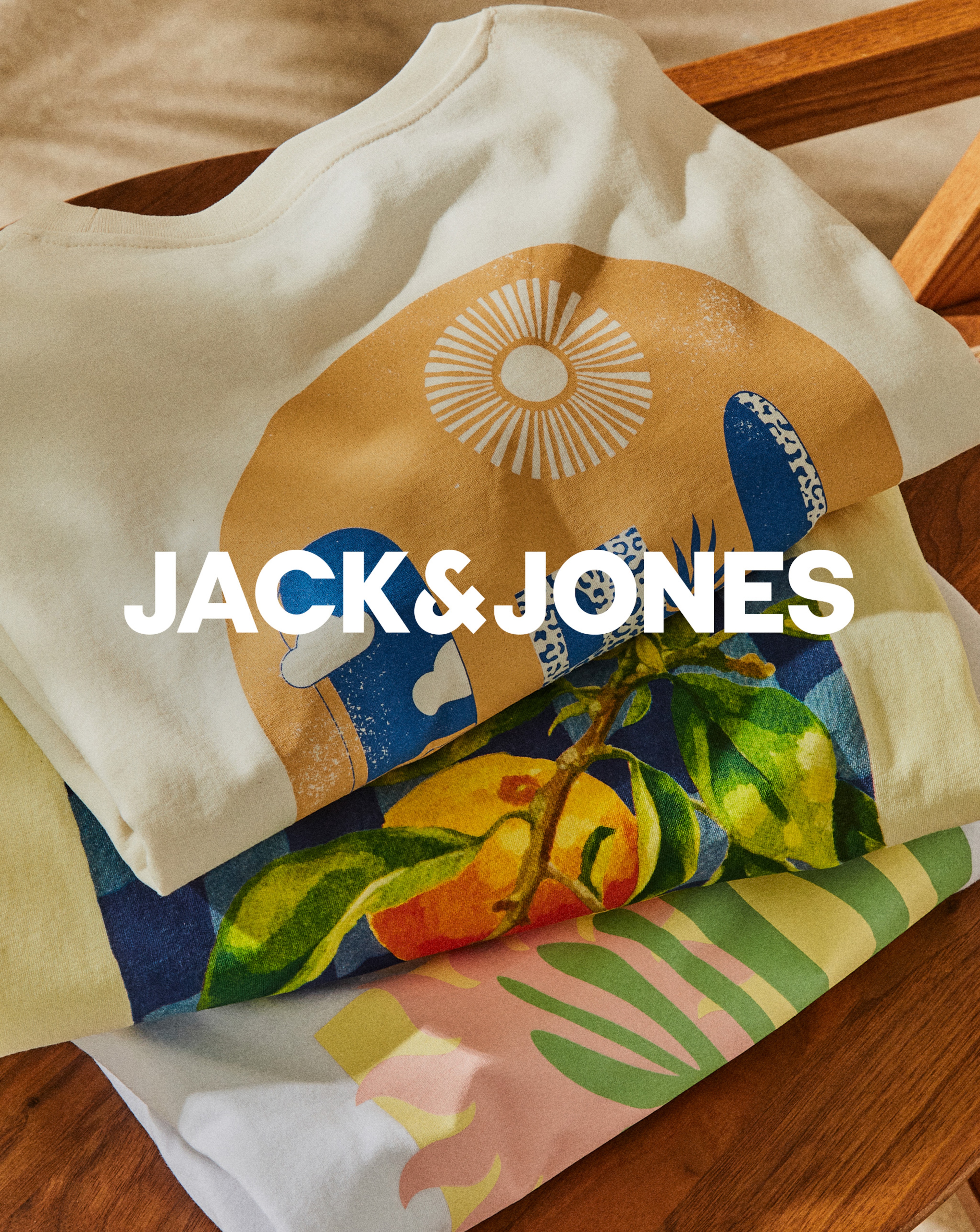 Jack & Jones. Print summer t-shirts by Jack & Jones folded and displayed.