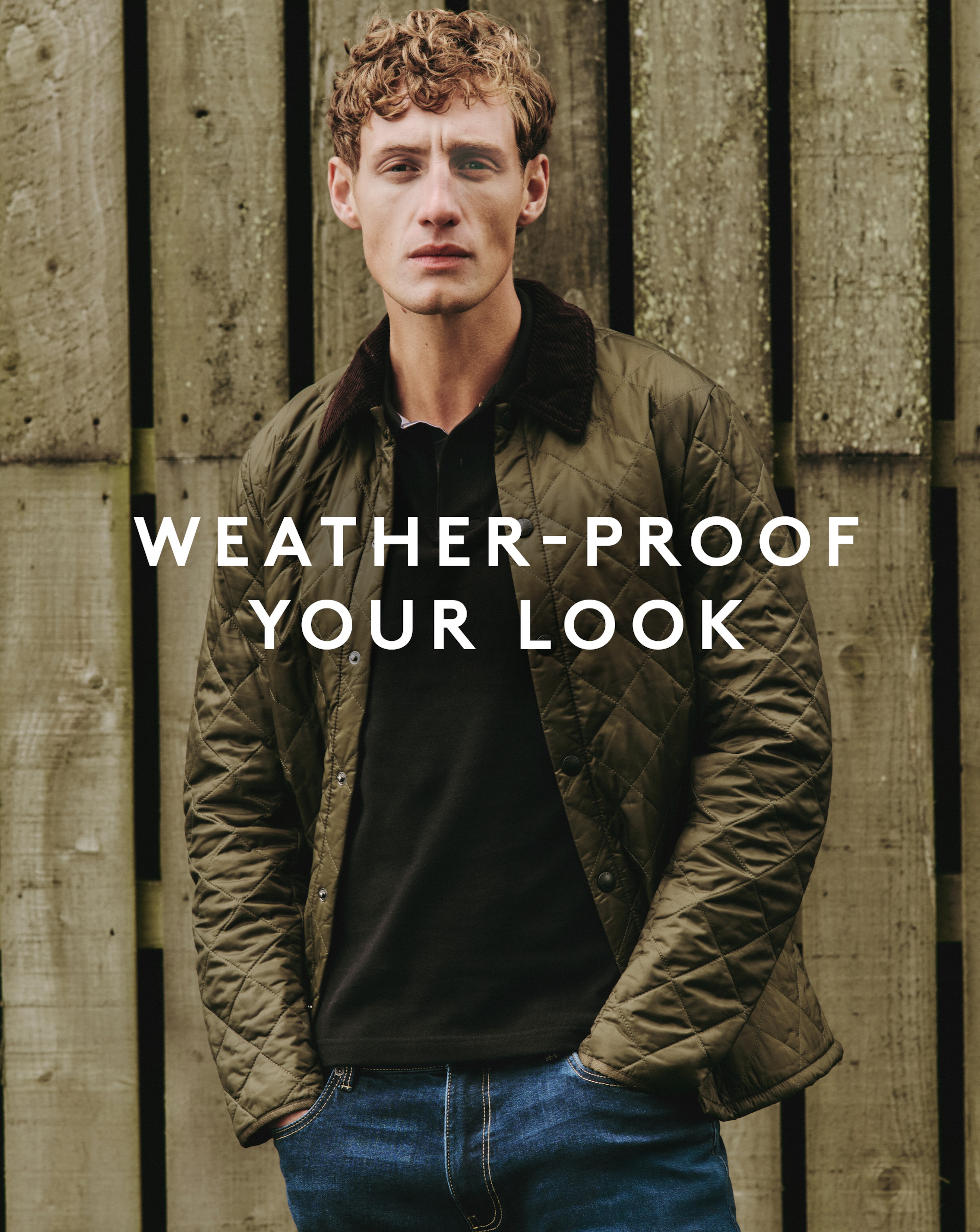 Model wearing khaki Barbour jacket