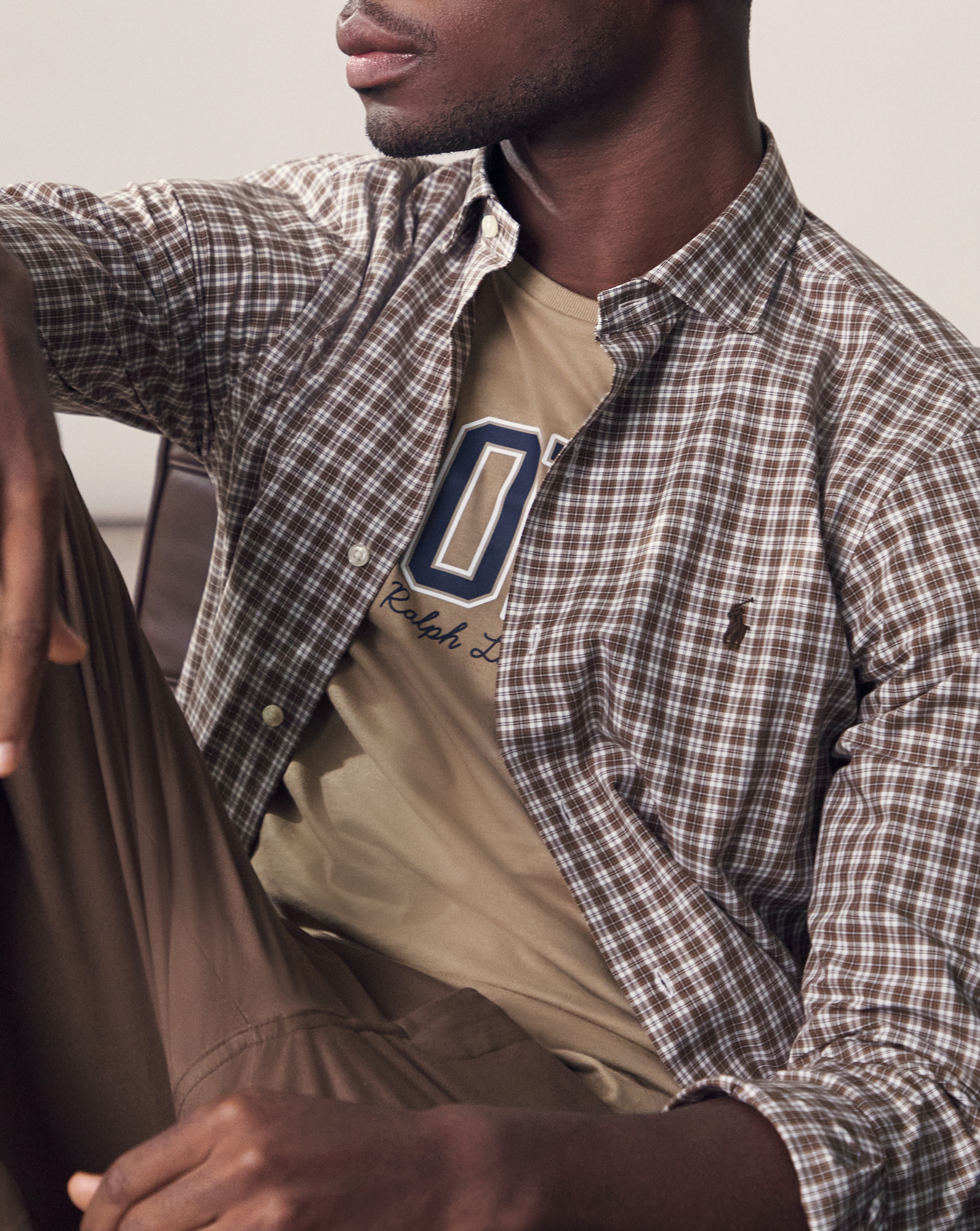 Model wears Polo Ralph Lauren Long Sleeve Stretch Check Poplin Shirt - Brown