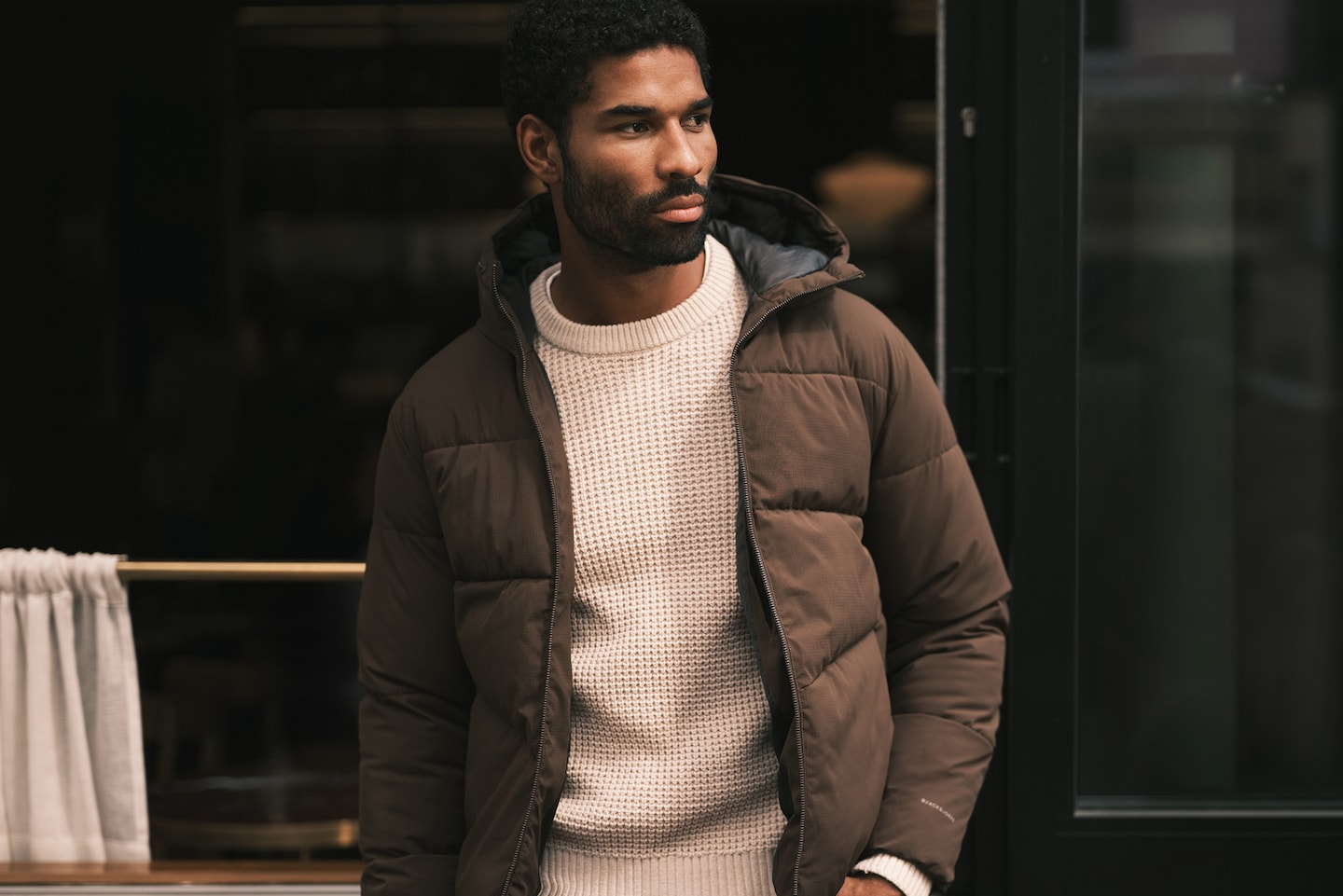 Model wearing Jack & Jones puffer jacket