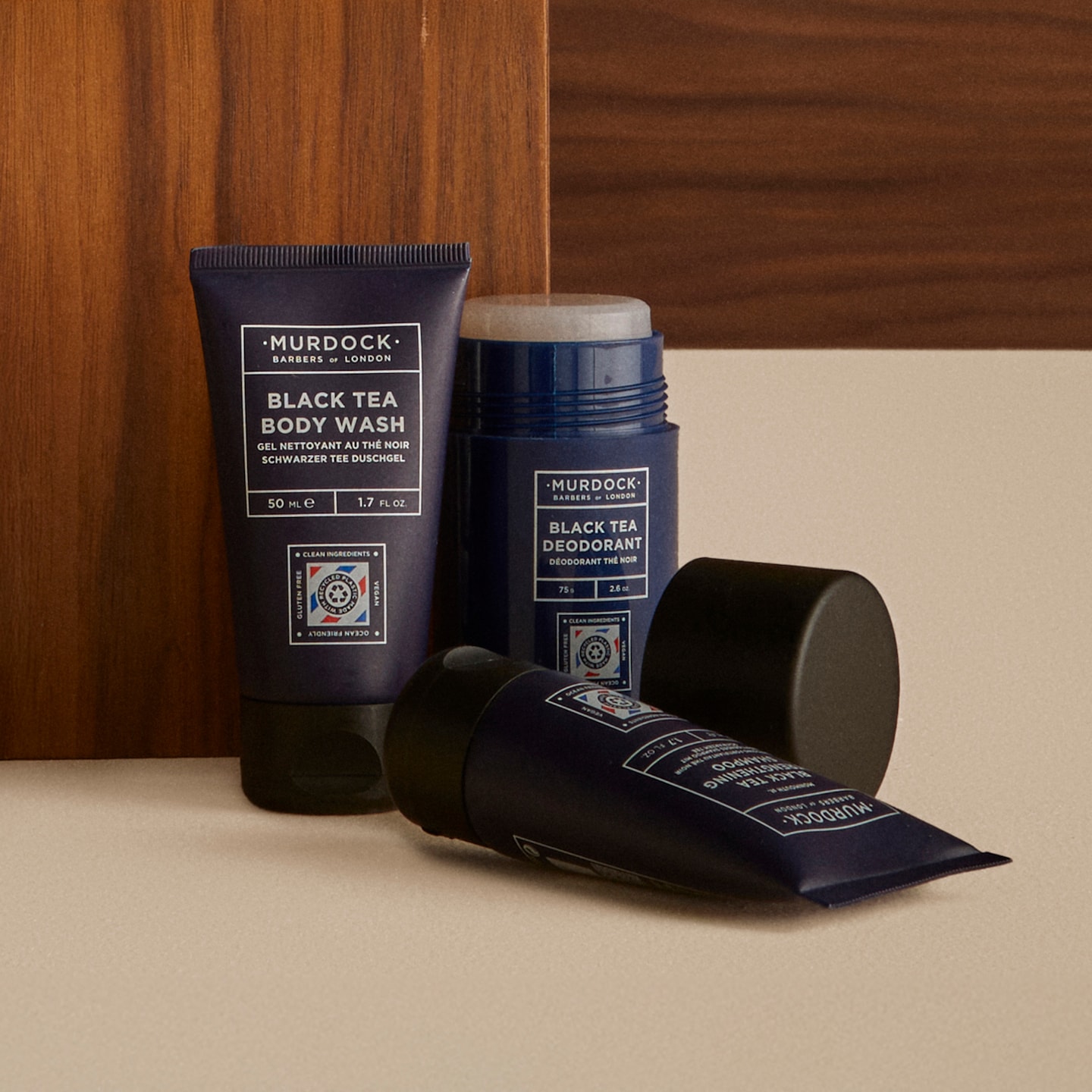 Murdock Black Tea Body Wash, Deodorant and Moisturising Shampoo pictured.