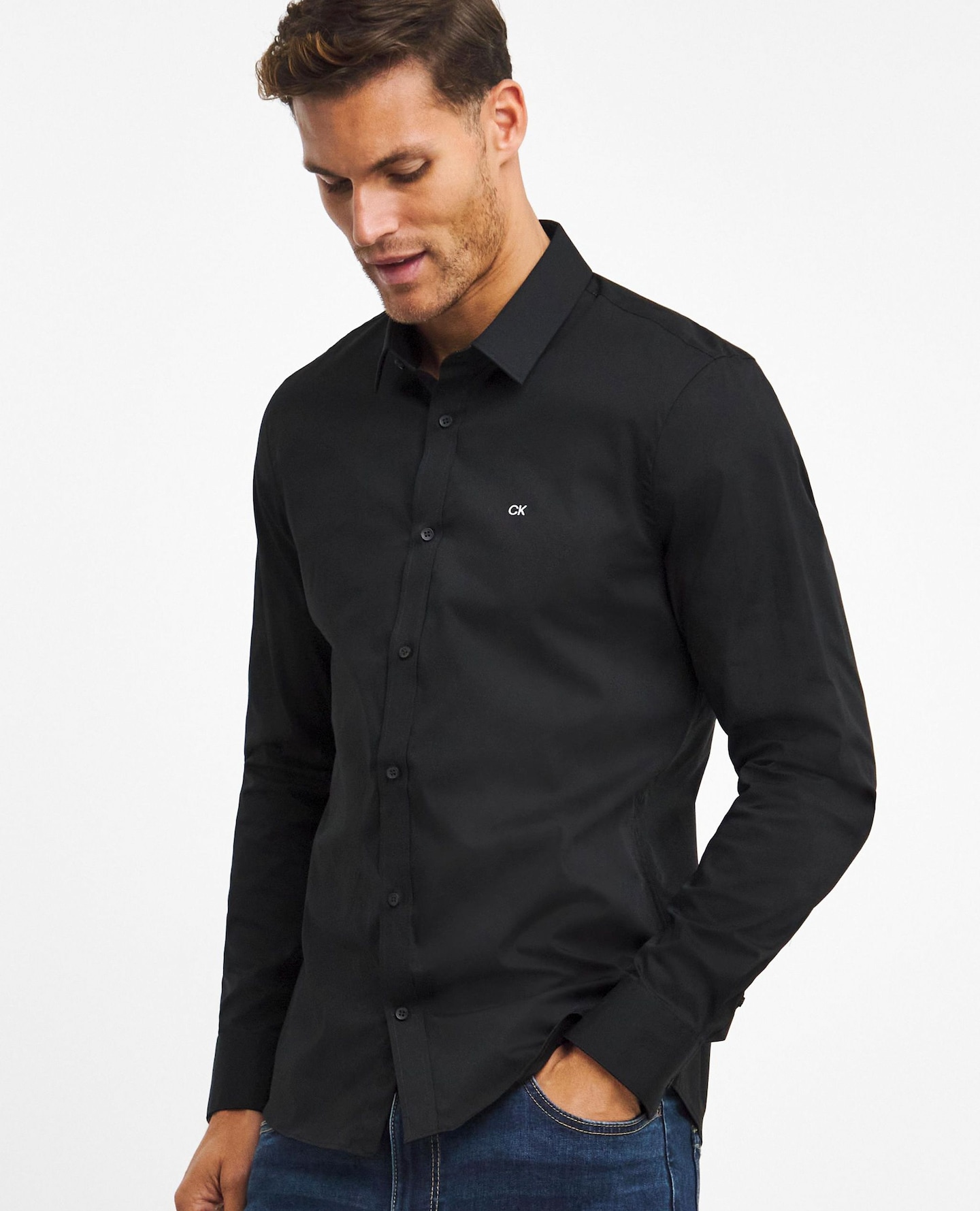 Model wearing a smart black shirt