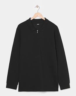 Long Sleeve Textured Jersey Polo- Black