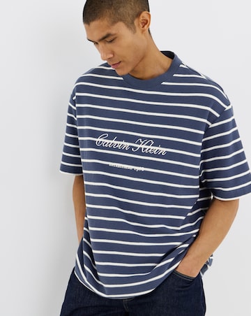 Calvin Klein Short Sleeve Script Stripe Pique T-Shirt - Dark Denim