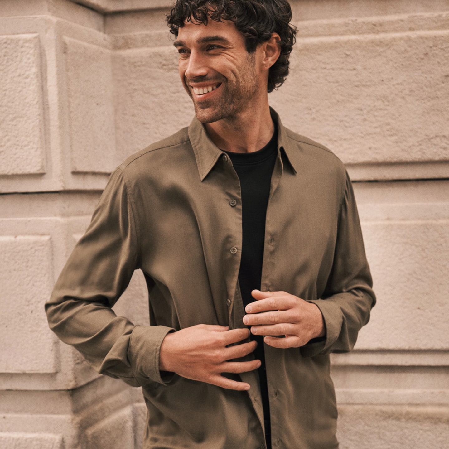 Model is smiling wearing Folio Garment Dyed Viscose Shirt Regular