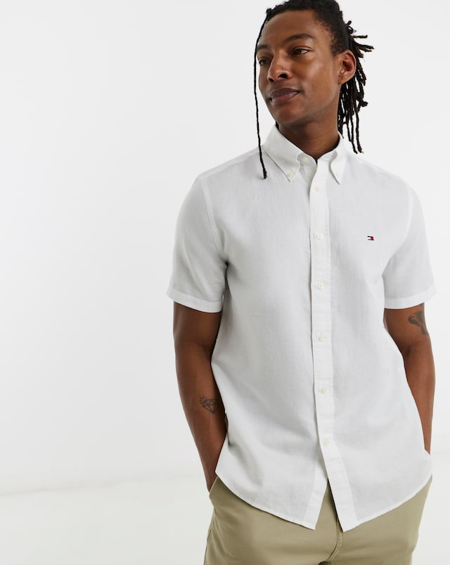 Tommy Hilfiger Short Sleeve Linen Blend Shirt - White