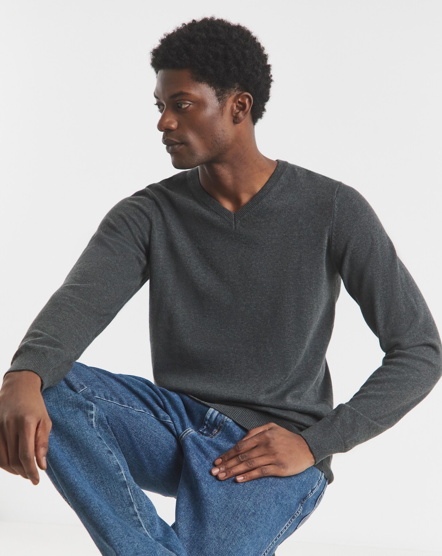 Cotton Knitted V Neck Jumper Long