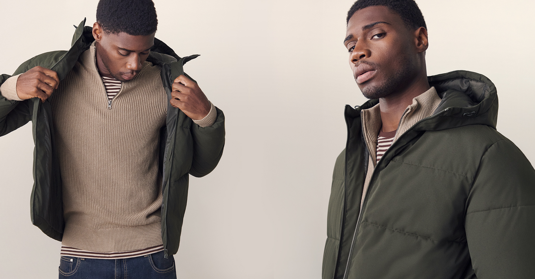 Model wears Jack & Jones Global Puffer Coat in green with Neutral Soft Touch 1/4 Zip Sweatshirt