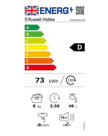 Russell Hobbs RH814W111B, 8kg, 1400rpm, Washing Machine - Black