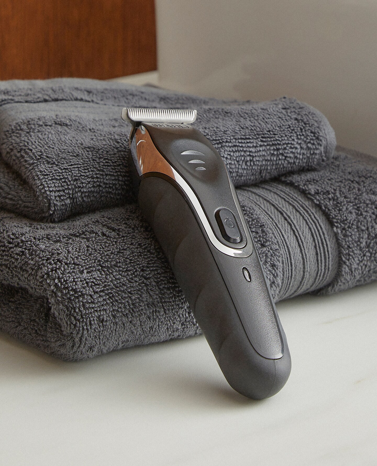 Braun Shaver pictured against towels