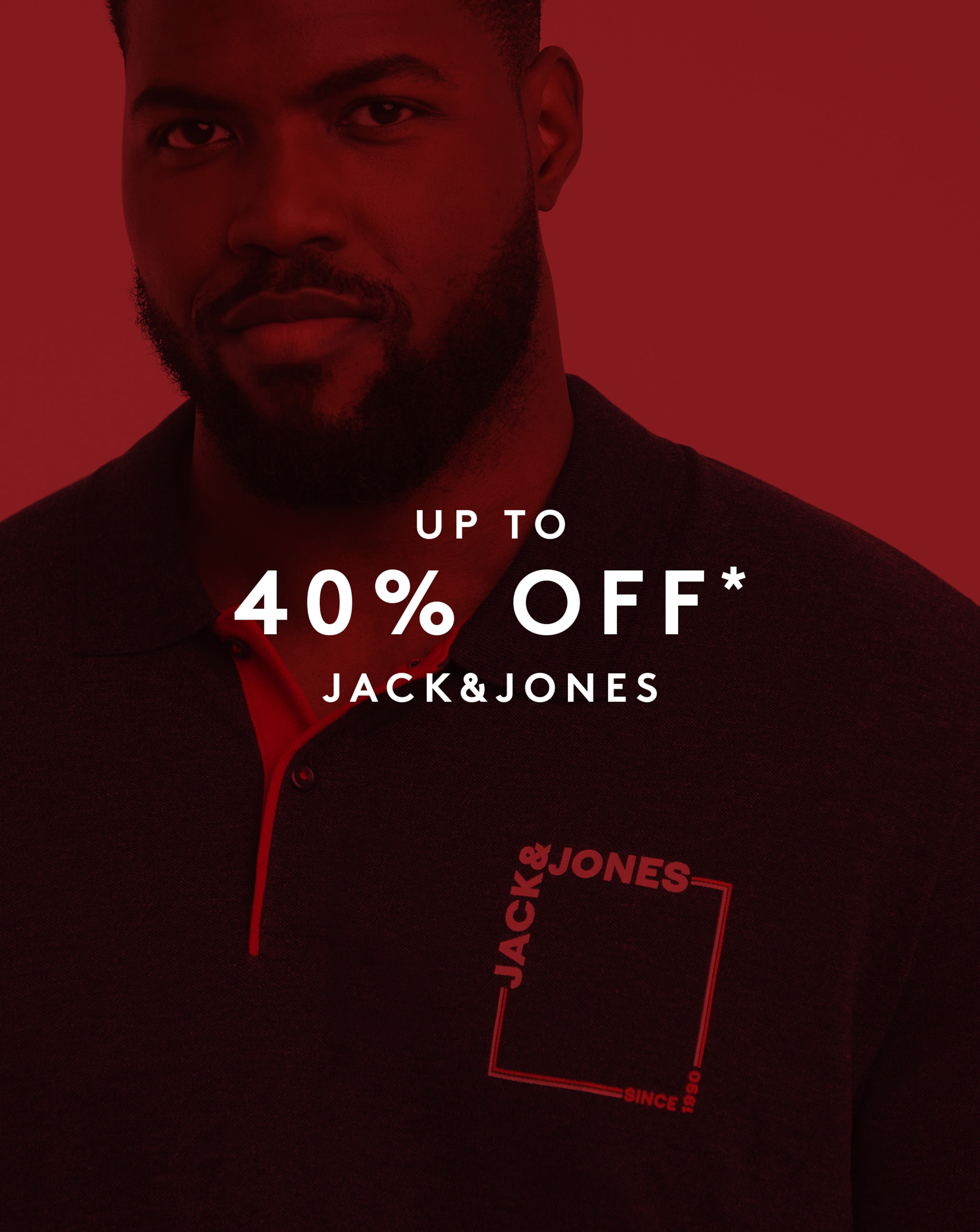 Model wearing Jack & Jone polo with a red sale overlay. Up to 40% off Jack & Jones