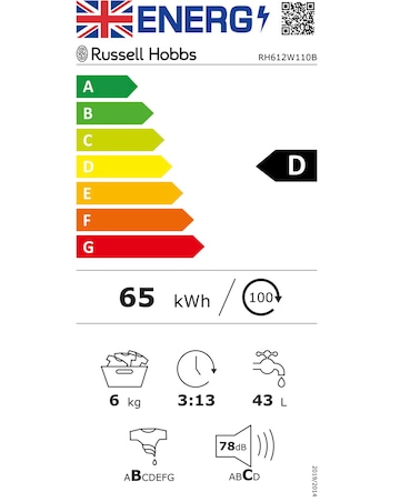 Russell Hobbs RH612W111B 6kg 1200rpm Washing Machine Black + Install