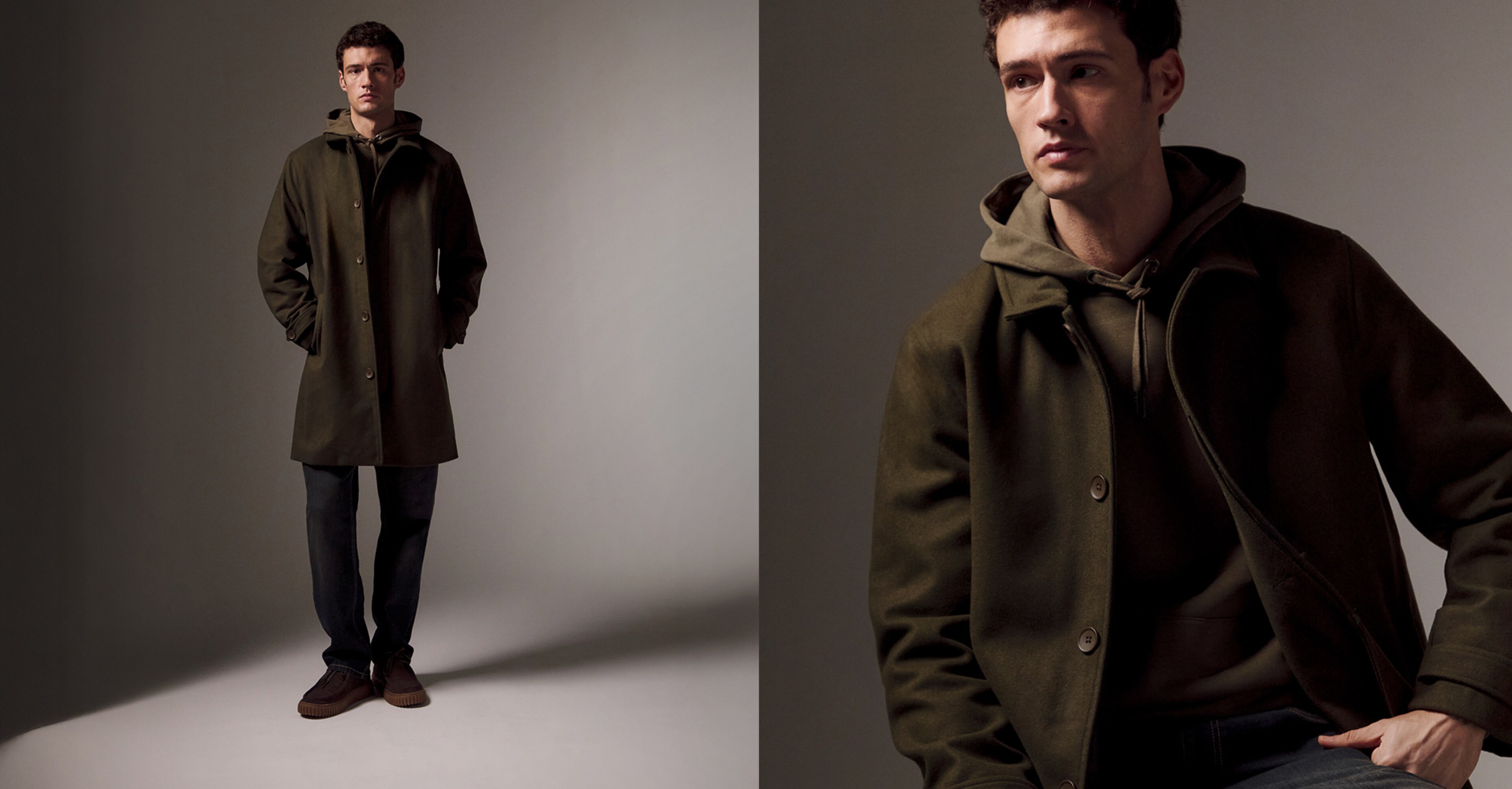 Model wears Khaki Wool Blend Mac with Cuff Tab Detail with Overhead Hoodie Long - Khaki