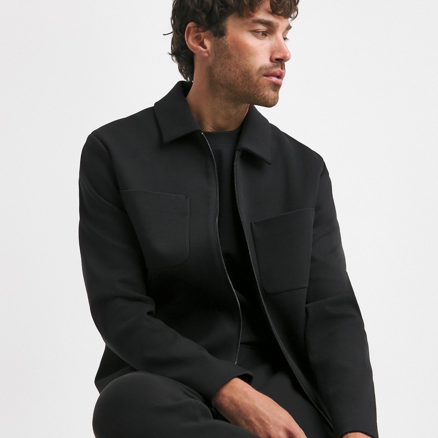 Model wears Tailored Twill Zip Harrington Jacket