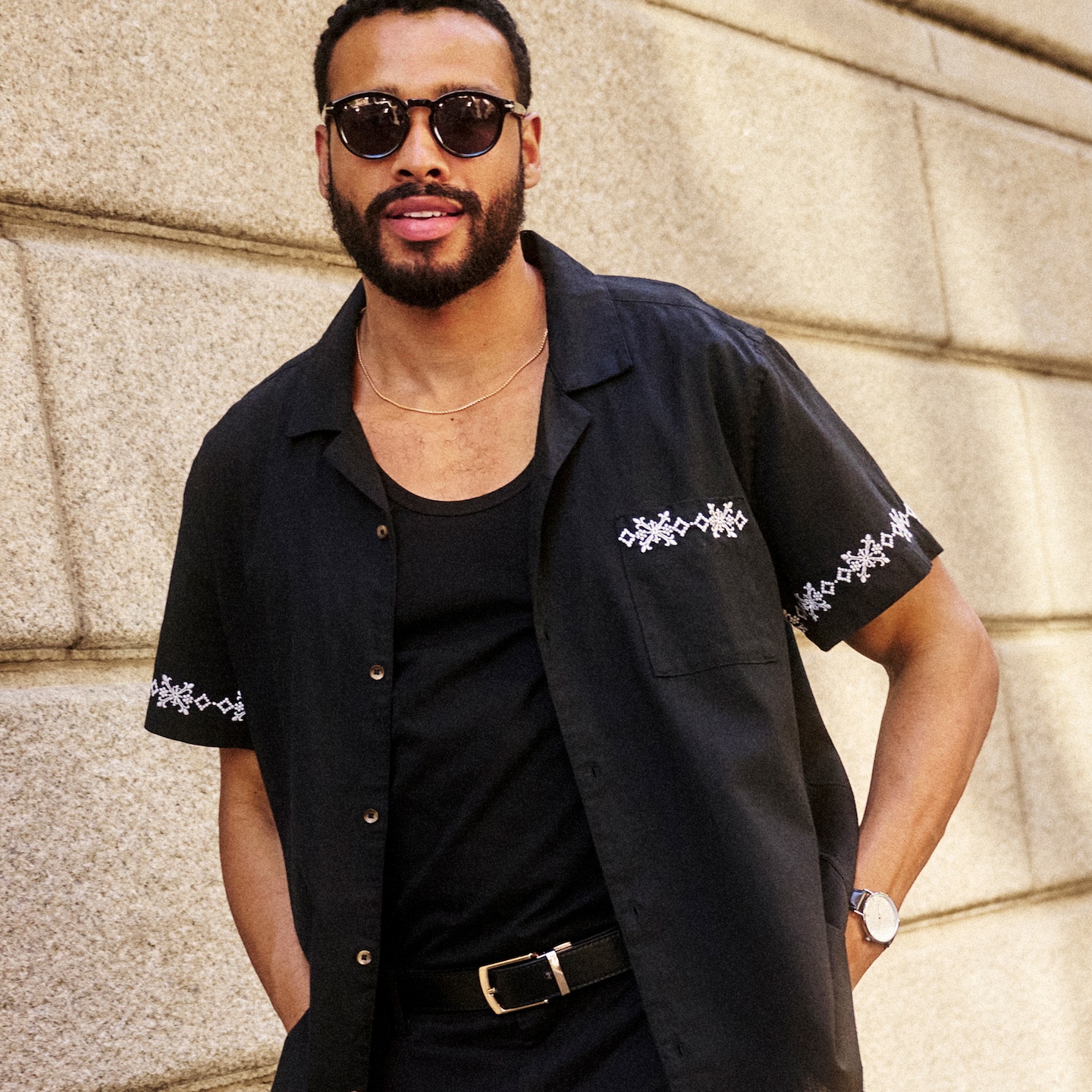 Model wears Folio Embroidered Linen Mix Shirt