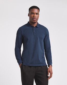 Pure Cotton Long Sleeve Pique Polo Long Length- Navy