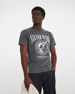 Acid Wash Skull Print Graphic T-Shirt