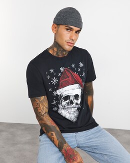Santa Skull Xmas Print Graphic T-shirt